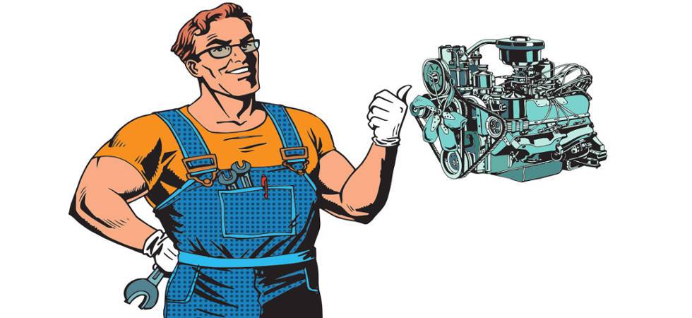 Comic: Handwerker in Blaumann deutet auf Maschine