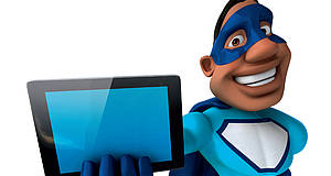 Zeichentrickfigur mit Maske hält Tablet in der Hand