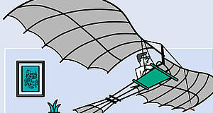 Comic: Mann auf selbsgemachtem Fluggerät
