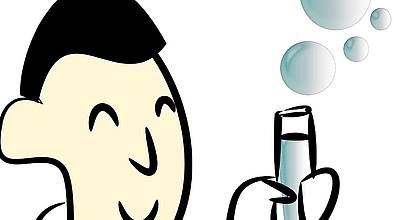 Comic: Mann hält Reagenzglas aus dem Blasen kommen
