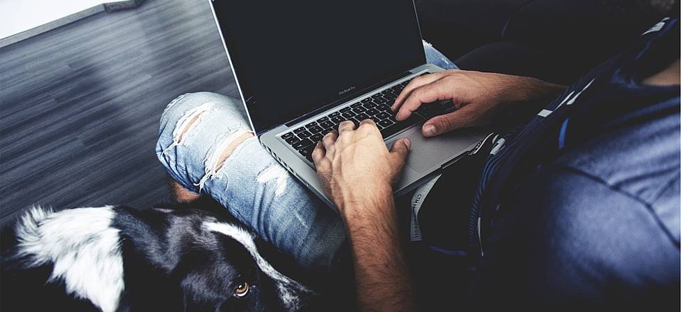 Laptop auf Schoß von Mann, daneben Hund