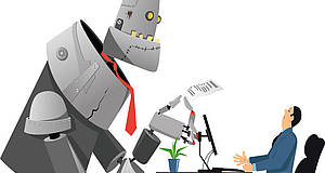 Comic: Roboter gibt Blatt Papier an einen Mitarbeiter weiter