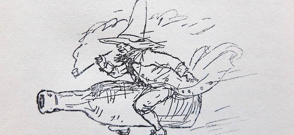 Zeichnung: Auerbach reiter pfeiferauchend auf Flasche