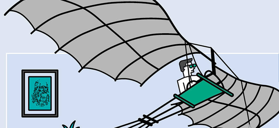 Comic: Mann auf selbsgemachtem Fluggerät