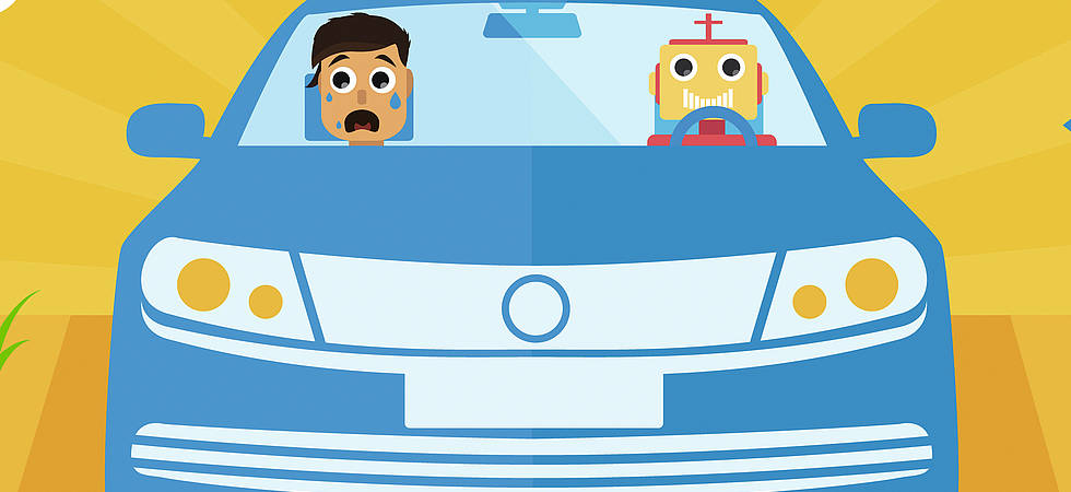 Comicroboter steuert Auto, neben beängstigenden Beifahrer