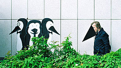 ein Mann mit Pinguinschnabel aus Papier schaut gemalte Pinguine an Wand an
